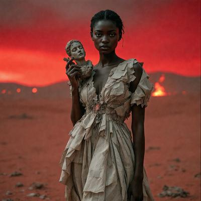 The primary subject of the image is a woman standing in a desert-like environment. She is holding a small statue or figurine in her hand. The setting is a barren landscape with a red hue, which adds to the overall atmosphere of the scene. The visual style of the image is a combination of photo and digital art, creating a unique and intriguing composition. The colors and mood of the image are predominantly red and desolate, evoking a sense of solitude and mystery.